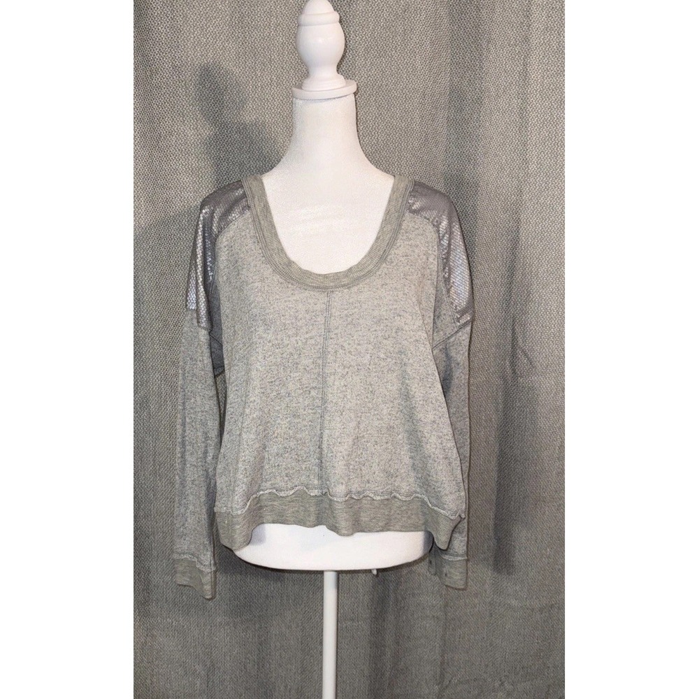 Free People  Top Women Soze Small Long Sleeve Sequin Shoulder  Gray Boho Soft